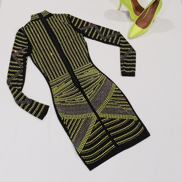 Black Dress with Neon Green Rhinestone Dress - Picture 3 of 4